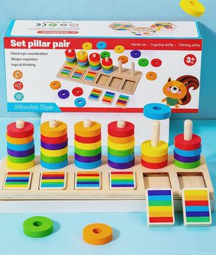 Montessori Houten Regenboog Ringenspel - Kleuren Sorteren & Logisch Denken Educatief Speelgoed