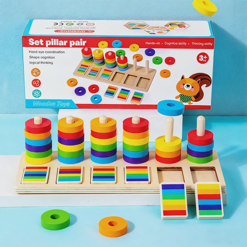 Montessori Houten Regenboog Ringenspel - Kleuren Sorteren & Logisch Denken Educatief Speelgoed