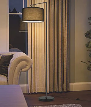 Moderne Zwarte Boog Vloerlamp met Stoffen Kap - E27 Fitting & Voetschakelaar