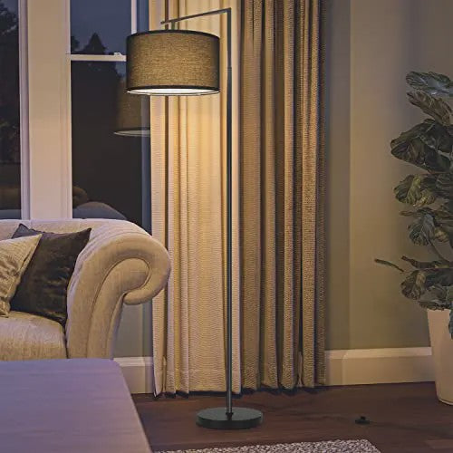 Moderne Zwarte Boog Vloerlamp met Stoffen Kap - E27 Fitting & Voetschakelaar