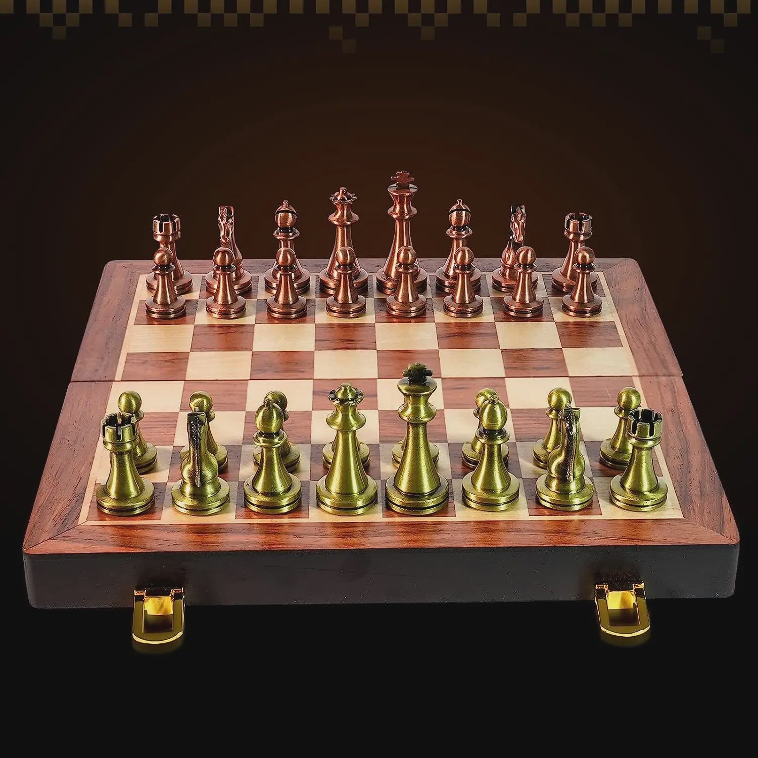 Luxe Metalen Schaakspel met Houten Koffer - Retro Design & Draagbaar