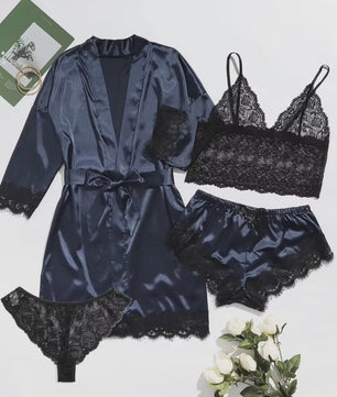 Luxe 4-delige Satin Pyjamaset met Kant - Comfortabel & Sexy