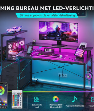 Gaming Bureau met LED Verlichting, Stopcontacten en Opbergvakken - 148x48x148 cm