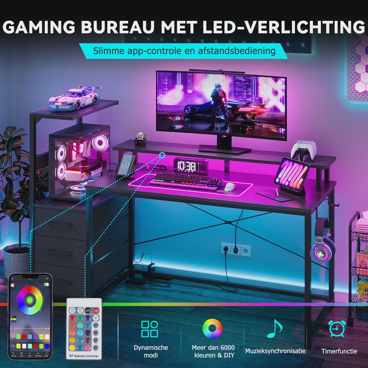 Gaming Bureau met LED Verlichting, Stopcontacten en Opbergvakken - 148x48x148 cm