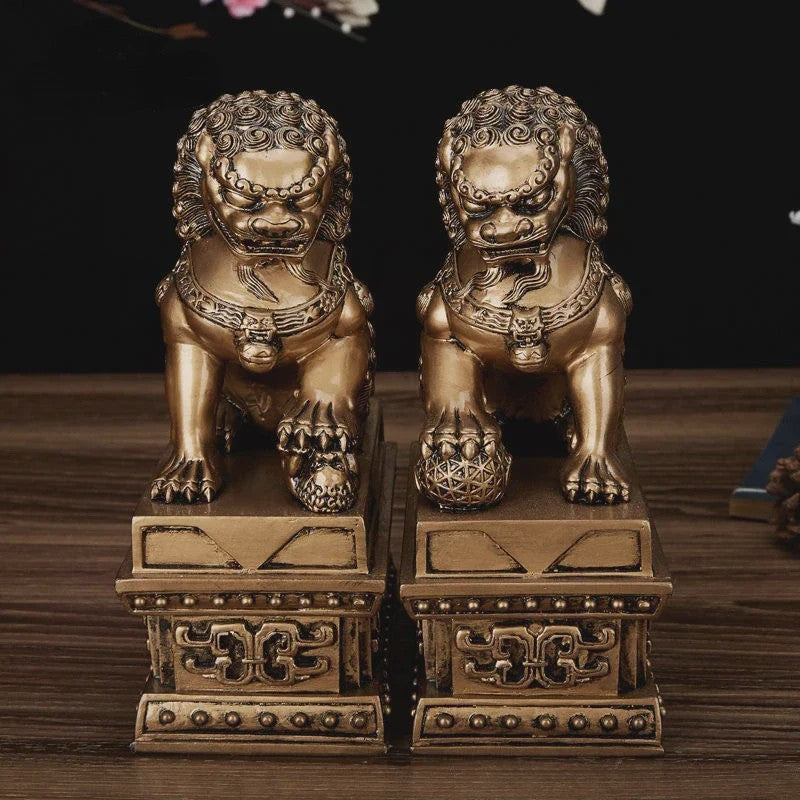 Chinese Geluks Leeuw Standbeeld - Feng Shui Decoratie Beeldje van Resin