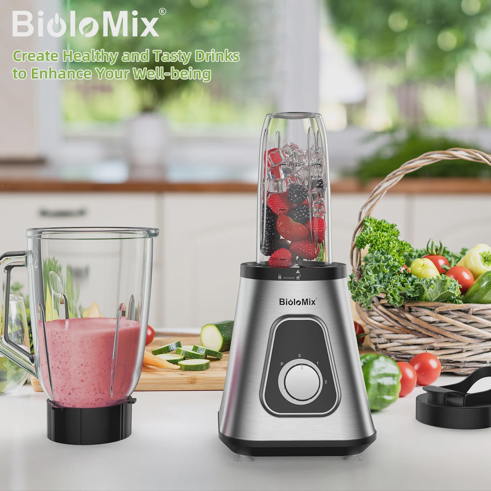 BioloMix Krachtige Blender 1300W met Glazen Kan (1.5L) - Perfect voor Smoothies & Sauzen