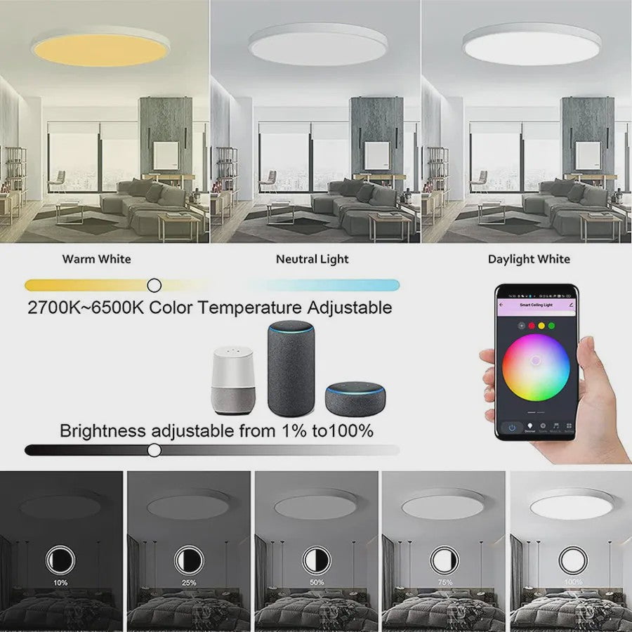Slimme Plafondlamp 24W - WiFi & Bluetooth, RGB Kleuren, Dimbare LED met App, Alexa & Google Home Compatibel