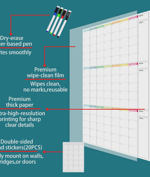 Herbruikbare Driemaanden Whiteboard Kalender & Planbord - OngeДата Wandplanner met 4 Markers