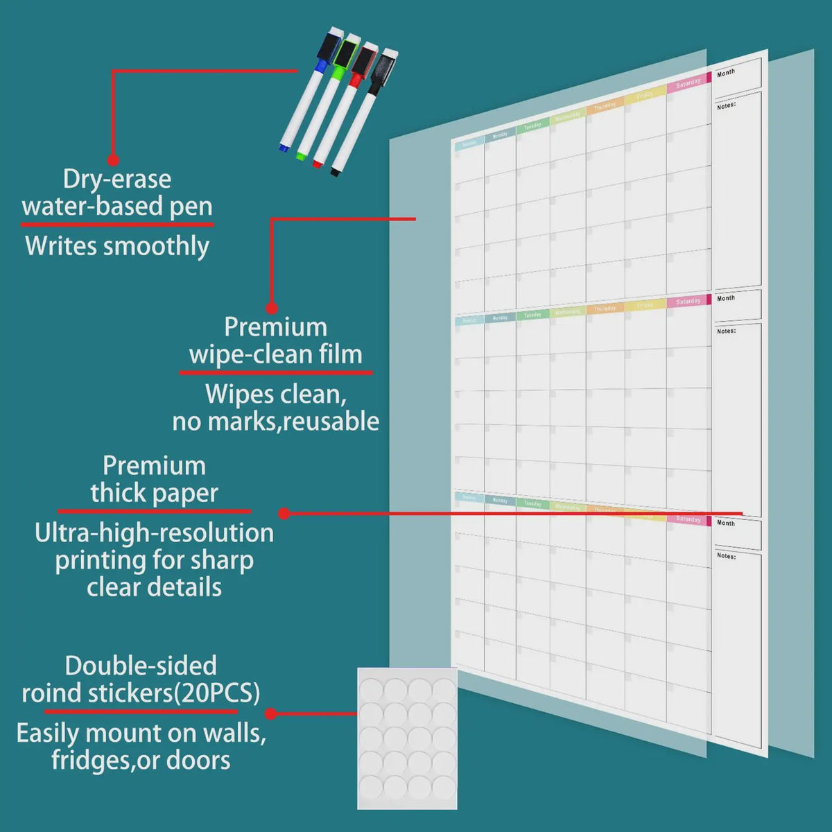 Herbruikbare Driemaanden Whiteboard Kalender & Planbord - OngeДата Wandplanner met 4 Markers