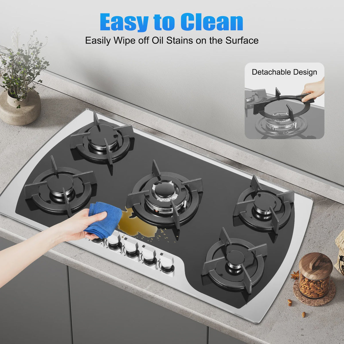 90cm Inbouw Gaskookplaat met 5 Branders, Gehard Glas & Thermokoppel Veiligheid
