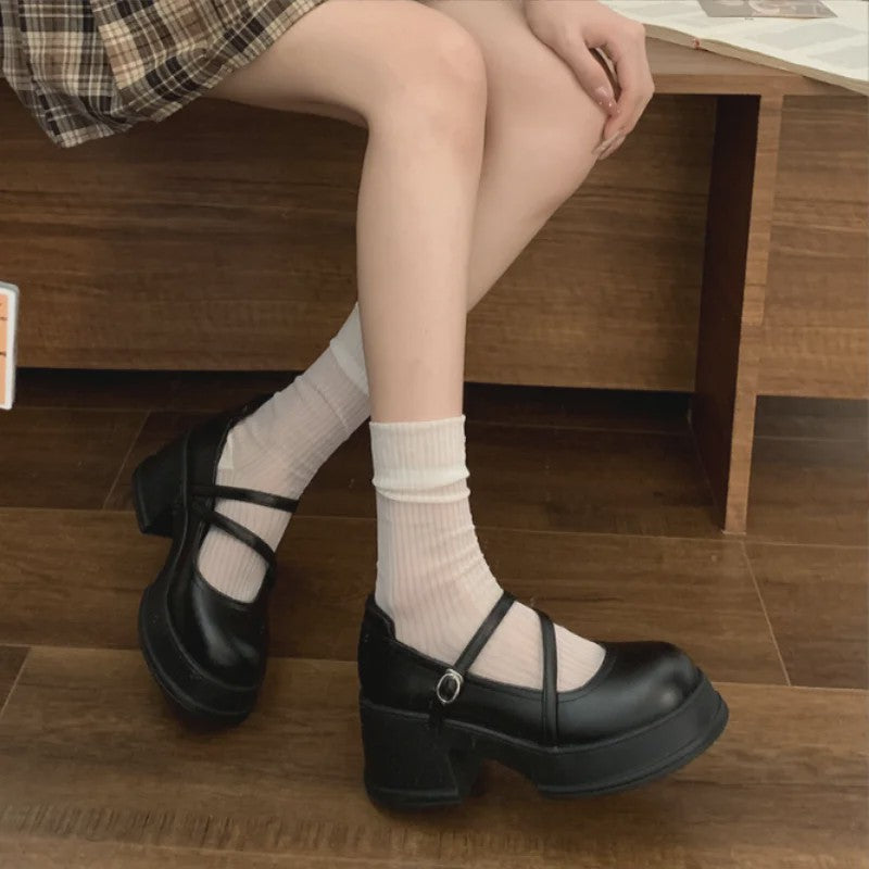 Dames Mary Jane Platform Schoenen met Blokhak en Kruisband - Vintage Gothic Stijl