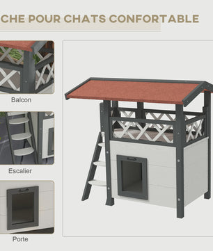 PawHut Luxe Kattenhuis Villa met Terras, Trap en Dak - 77x50x73 cm - Wit/Rood