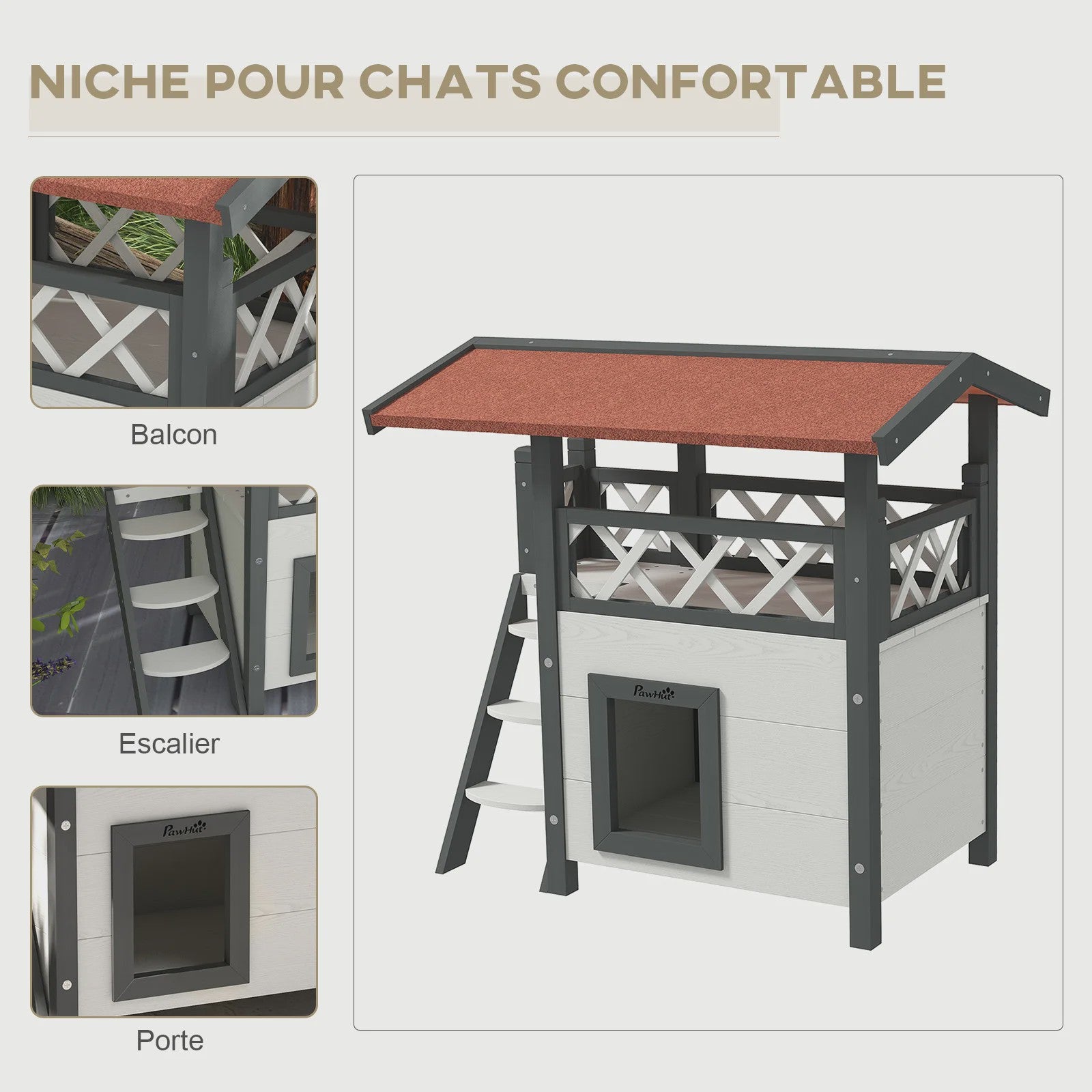 PawHut Luxe Kattenhuis Villa met Terras, Trap en Dak - 77x50x73 cm - Wit/Rood