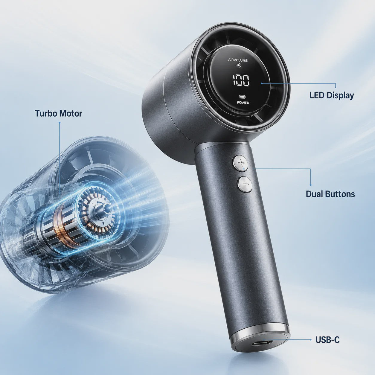 Draagbare Mini Ventilator met LED Display - 5 Snelheden, USB Oplaadbaar