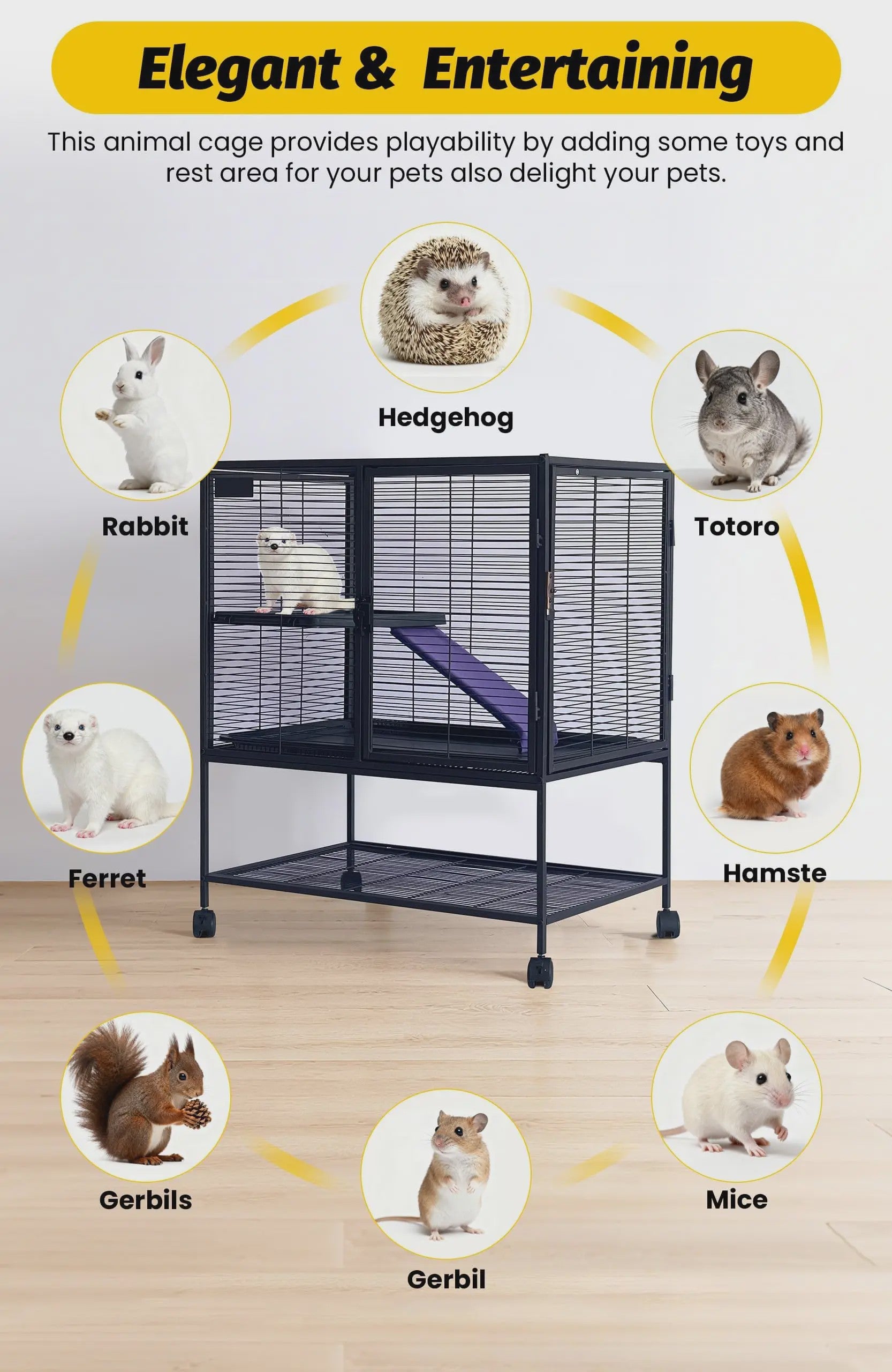 Ruime Multi-Level Kooi voor Kleine Dieren - 91 cm Hoog, Met Plateaus, Helling & Opbergruimte