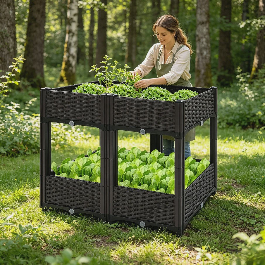 Verhoogde Plantenbak Dubbele Laag - 4 Vakken - 80x40x67cm - Buiten - Met Drainage