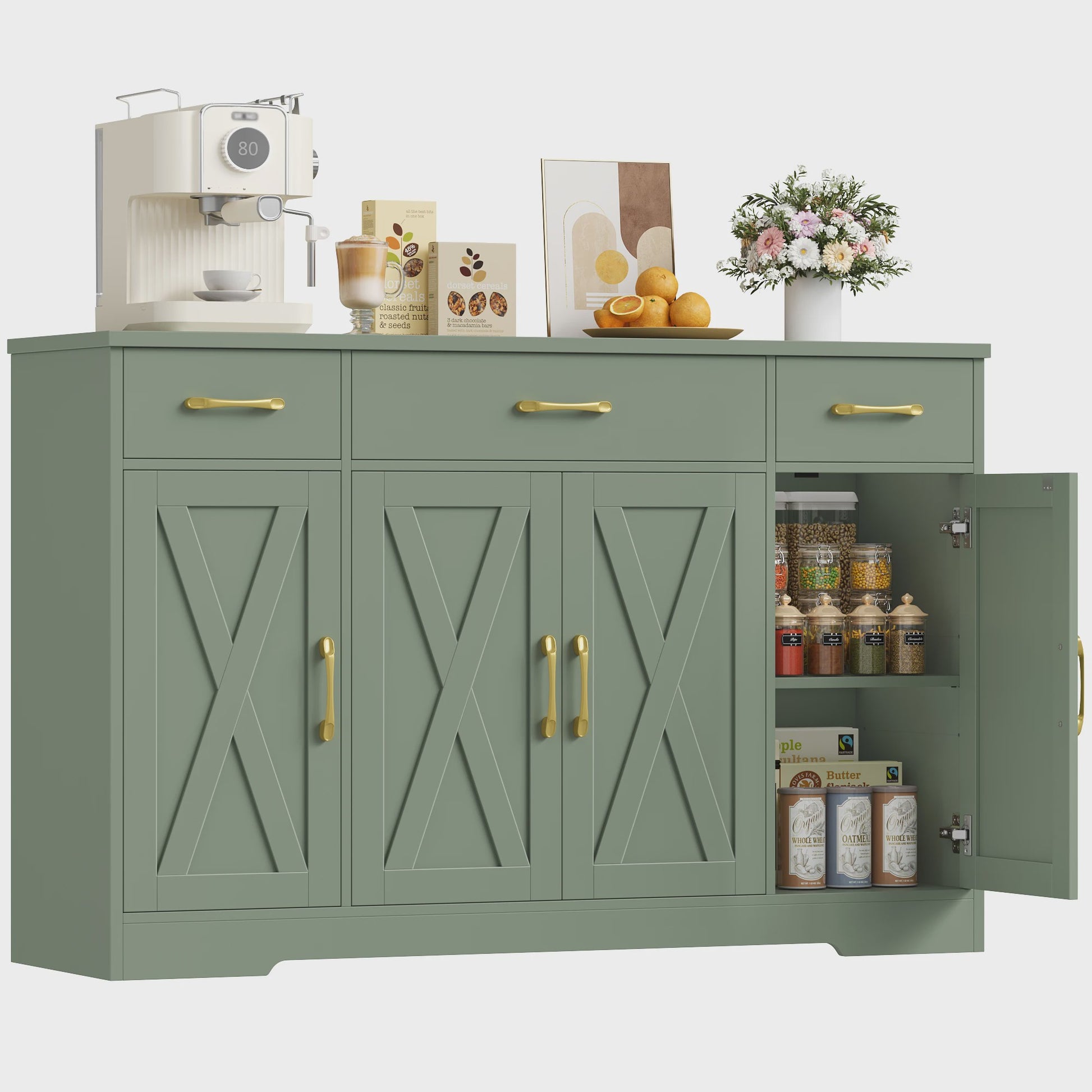Stijlvol Dressoir 140cm met 4 Barn Doors en 3 Lades - Opbergkast voor Woonkamer of Keuken