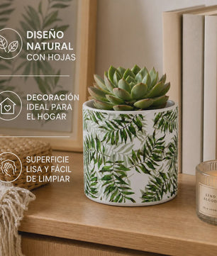 Decoratieve Keramische Bloempot met Groene Bladeren Print - 13x12cm Cilindrisch - Modern & Veelzijdig