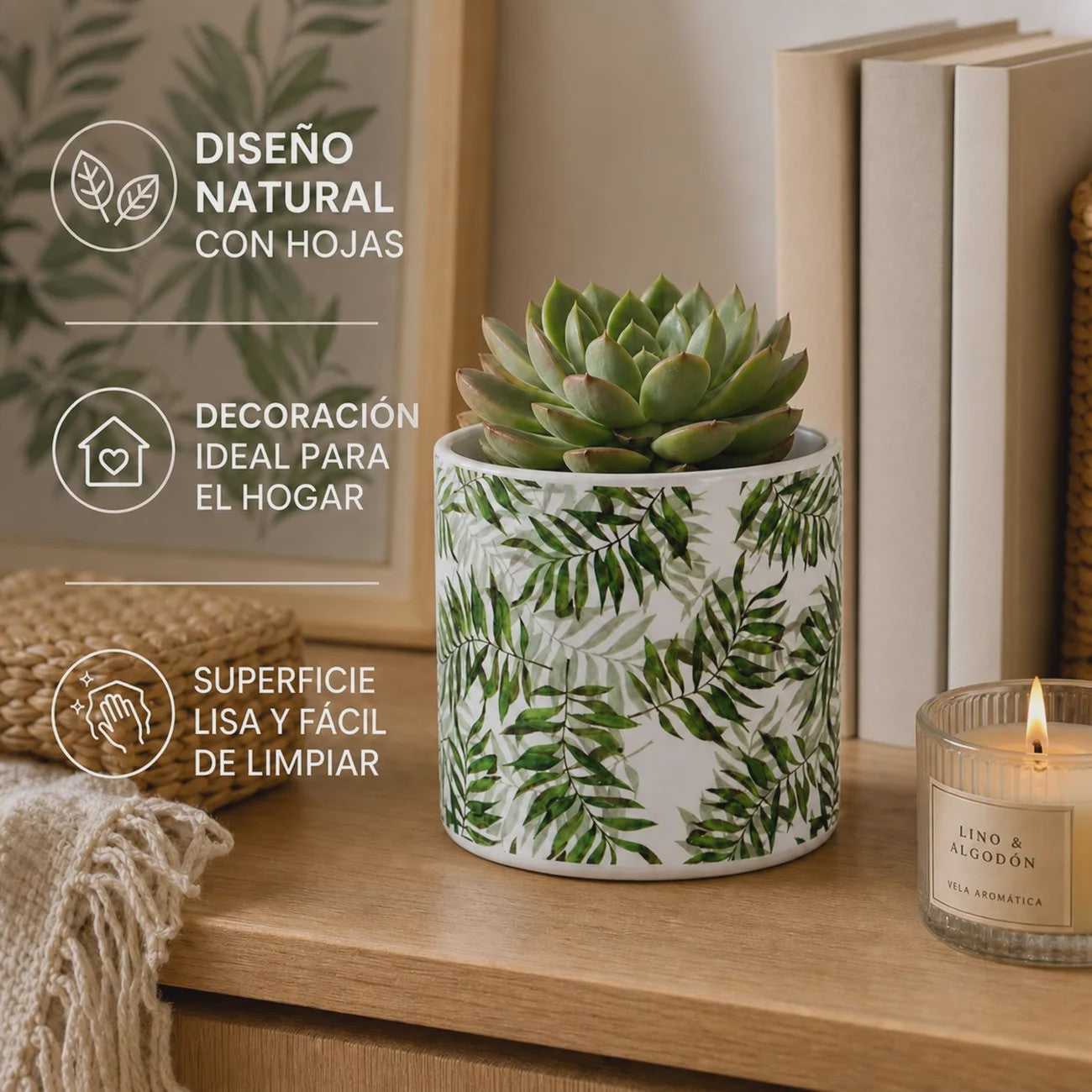 Decoratieve Keramische Bloempot met Groene Bladeren Print - 13x12cm Cilindrisch - Modern & Veelzijdig