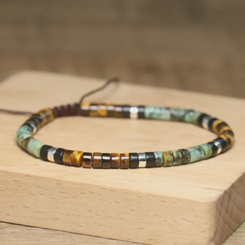 Natuurlijke Kralen Armband Dames - Tijgeroog, Onyx & Afrikaanse Turquoise - Verstelbaar