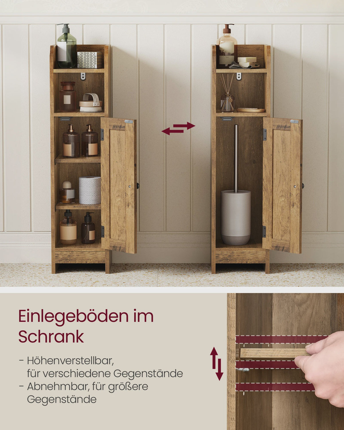 Smalle Houten Badkamerkast met Deur en Plank - Ideaal voor Toiletpapier