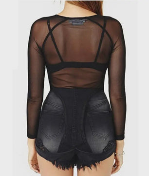 Dames Mesh Top Zwart Lange Mouw Transparant Sexy Streetwear