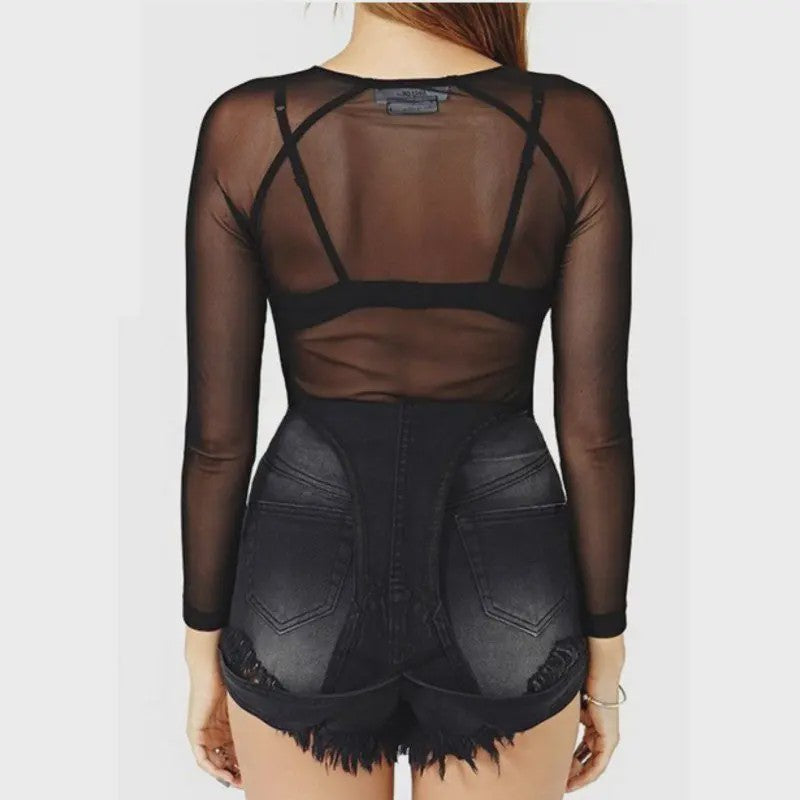 Dames Mesh Top Zwart Lange Mouw Transparant Sexy Streetwear