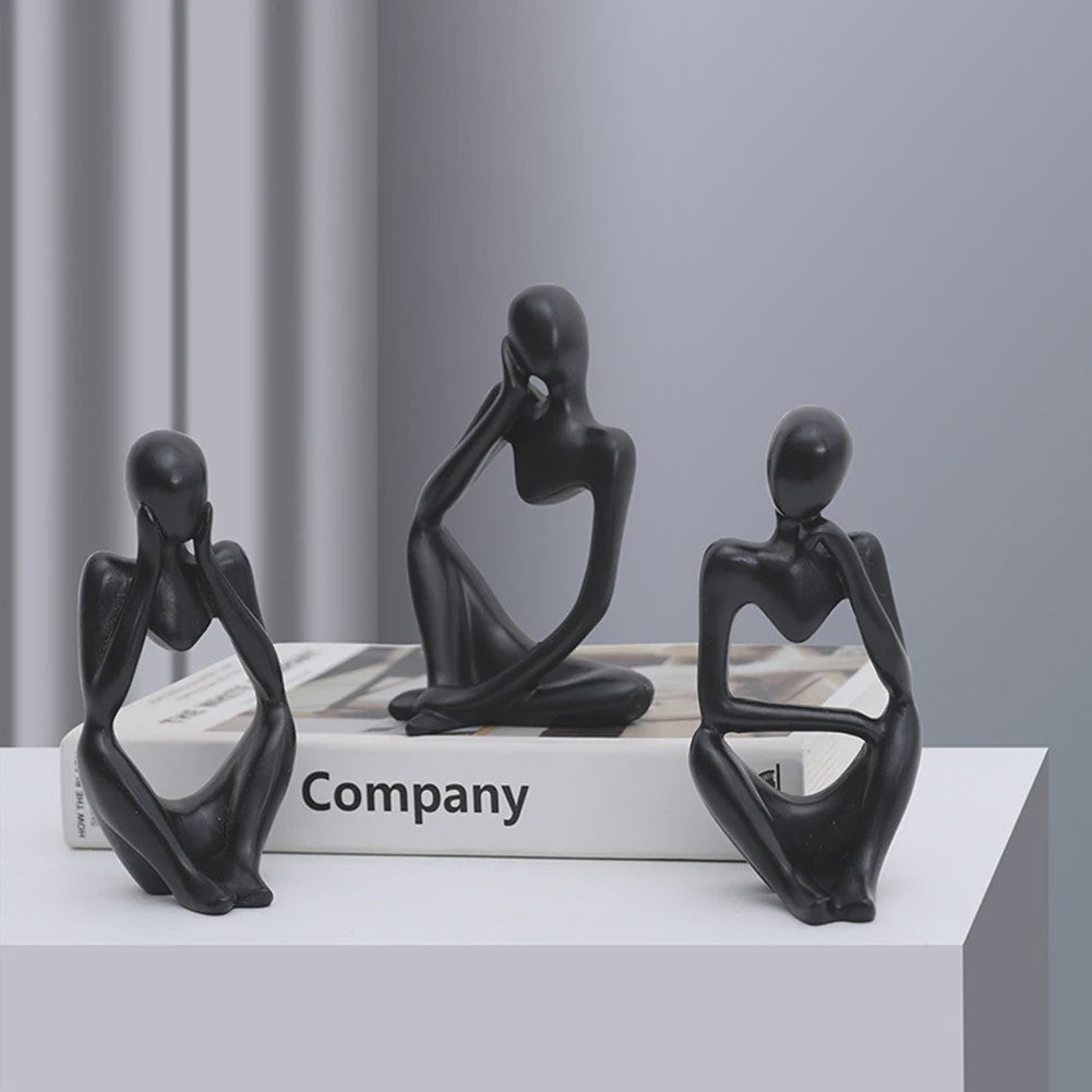 Set van 3 Abstracte Denker Beeldjes - Stijlvolle Hars Sculpturen voor Bureau & Woondecoratie