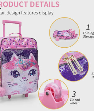Roze Kinderkoffer met Kattenprint en Pailletten - 18 inch Handbagage