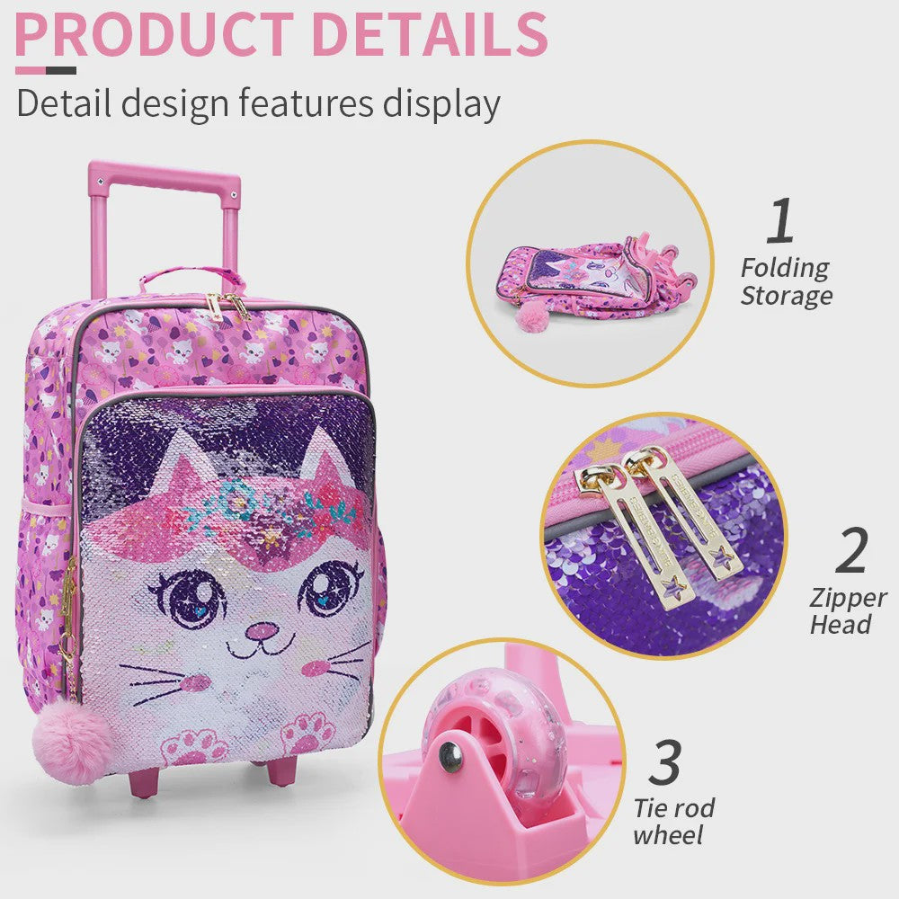 Roze Kinderkoffer met Kattenprint en Pailletten - 18 inch Handbagage