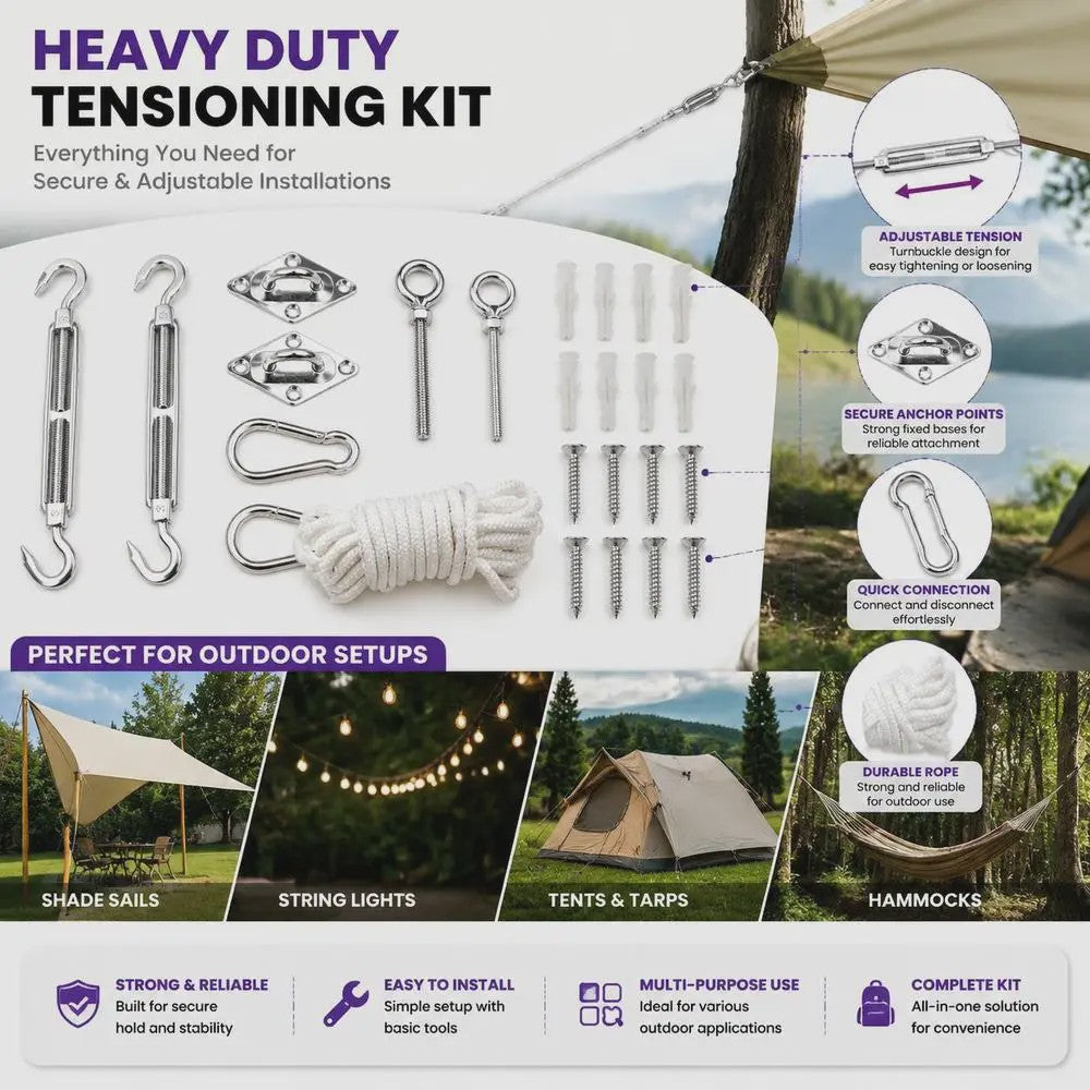 9-delige RVS Zonnezeil Ophangset - Complete Accessoires Kit