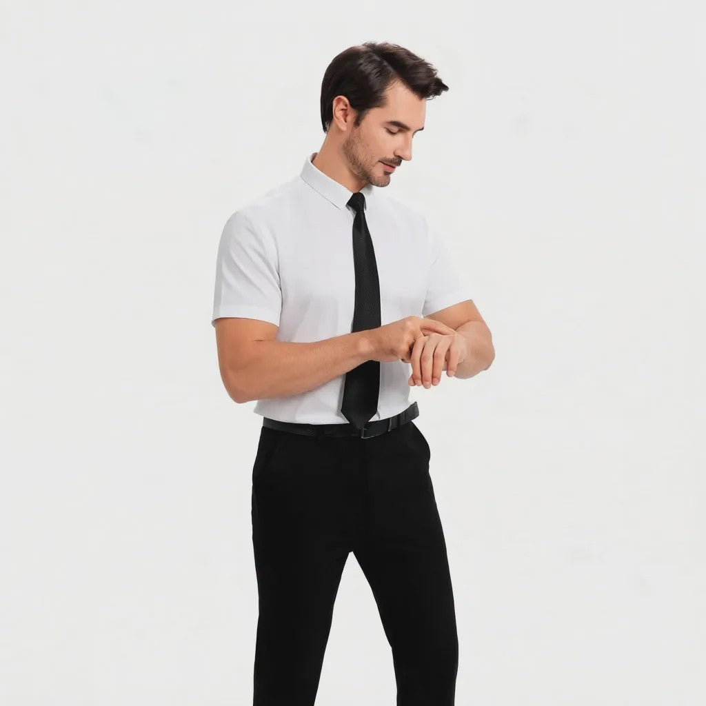 Heren Zomer Overhemd Korte Mouw Stretch Slim Fit - Zwart, Maat 5XL