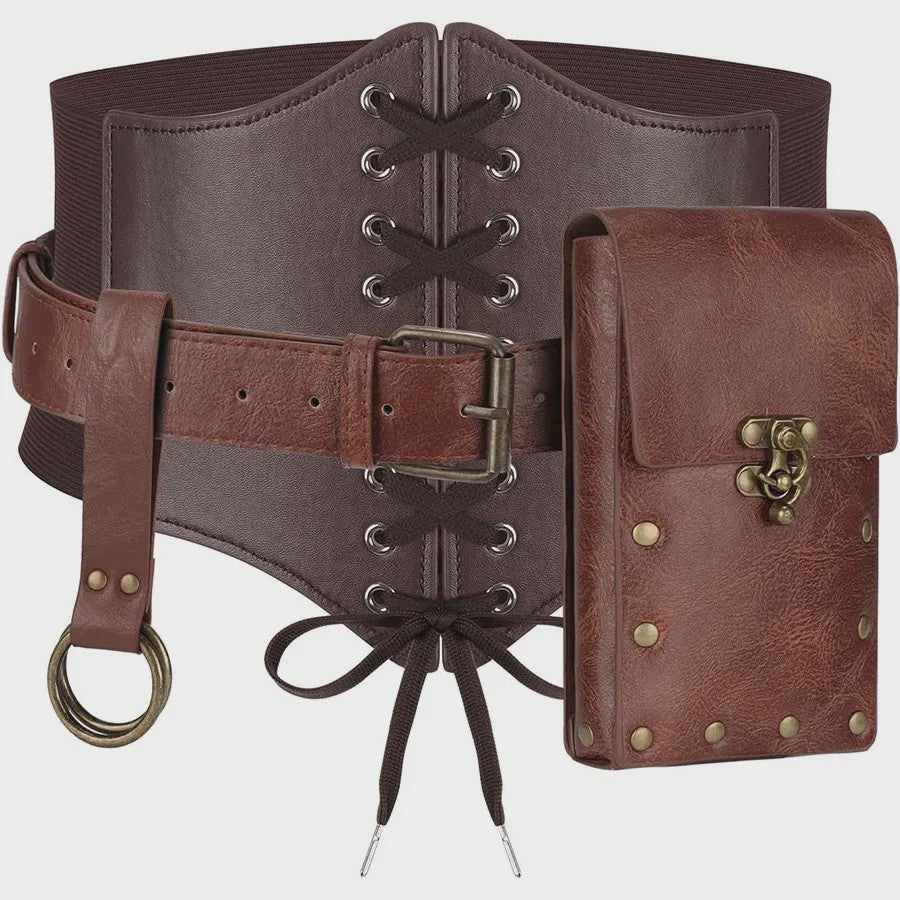 Middeleeuwse Renaissance Kostuum Set: Corset, Riem, Portemonnee & Accessoires