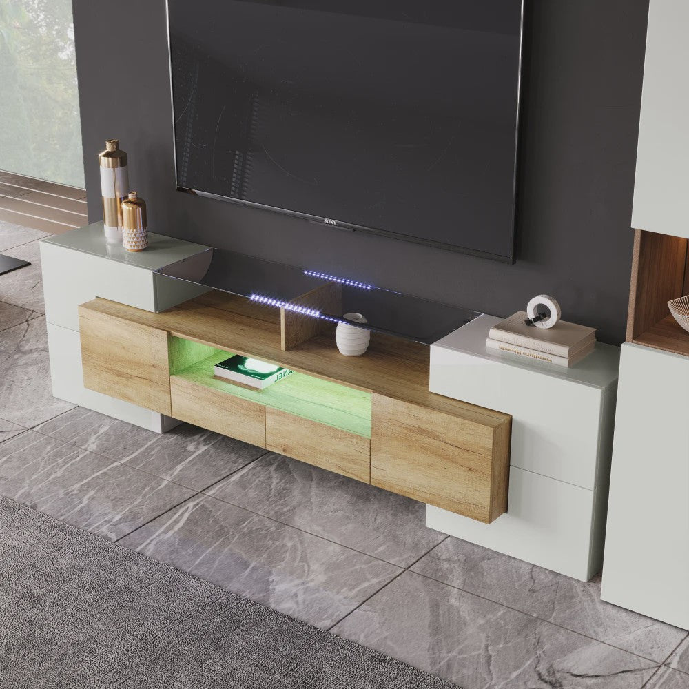 Modern TV meubel 200cm hoogglans wit met LED verlichting en glazen blad