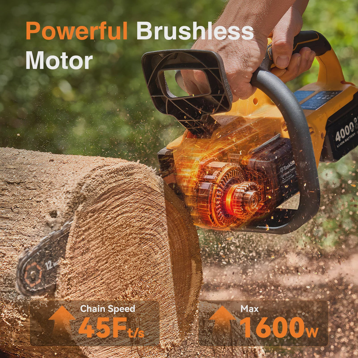 TaskStar 12-Inch Accu Kettingzaag - Krachtig, Borstelloos & Automatische Olie - Incl. 2x 4000mAh Batterijen