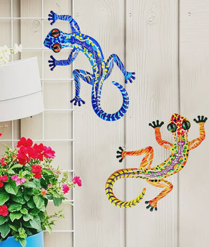 Kleurrijke Metalen Muurdecoratie Gecko - Levendige Hagedis Sculptuur voor Binnen & Buiten