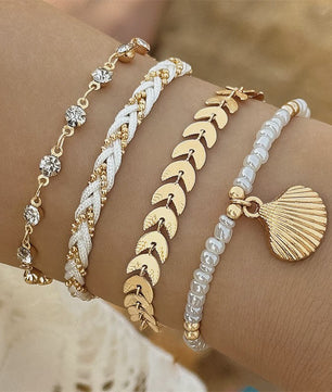 Set van 4 Bohemia Stijl Armbanden met Schelp & Zirkonia - Zomerse Beach Vibes