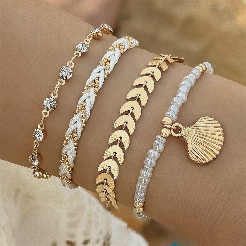 Set van 4 Bohemia Stijl Armbanden met Schelp & Zirkonia - Zomerse Beach Vibes