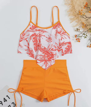 Dames Bikini Set met Hoge Taille en Bladprint - Zomerse Strandkleding