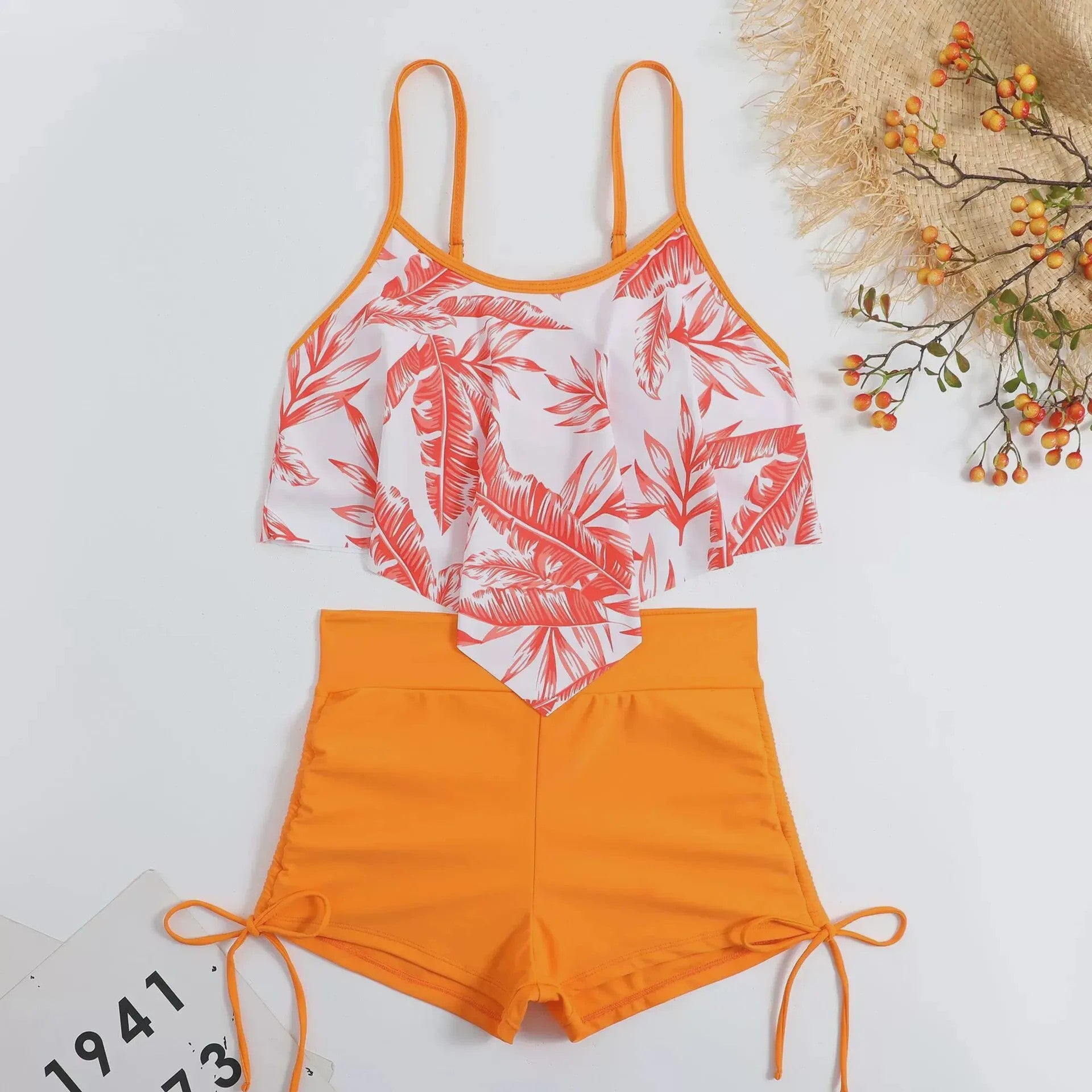 Dames Bikini Set met Hoge Taille en Bladprint - Zomerse Strandkleding