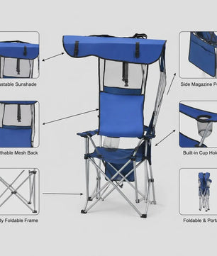 Comfortabele Campingstoel met Zonnedak, Bekerhouders en Opbergvak - Blauw