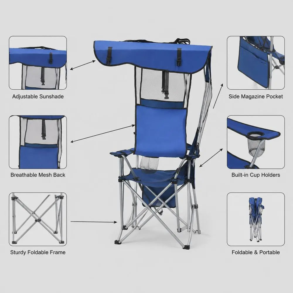 Comfortabele Campingstoel met Zonnedak, Bekerhouders en Opbergvak - Blauw