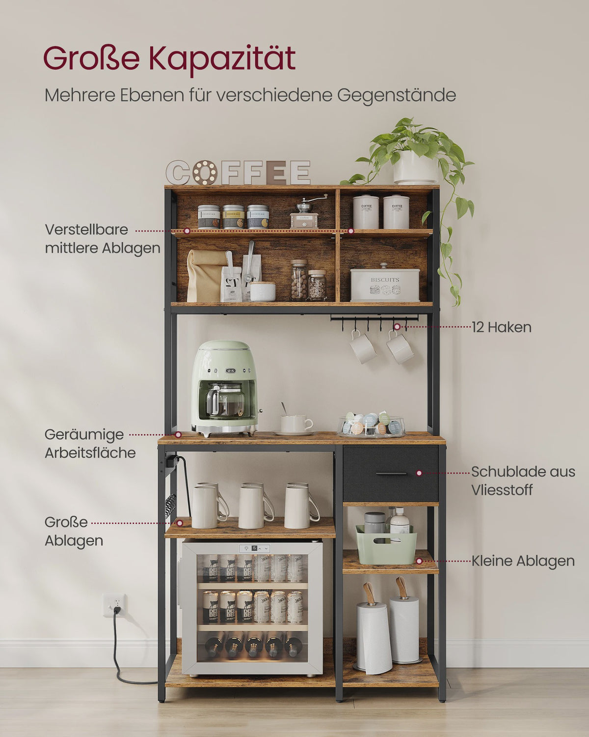 VASAGLE Keukenrek met Stopcontacten - 40x100x180.4 cm - Bruin