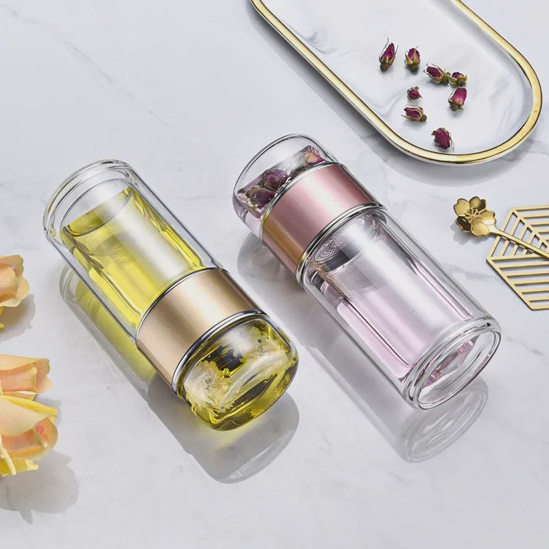 Dubbelwandige Glazen Theefles met Infuser - Hittebestendig & Lekvrij