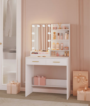 Kaptafel met LED Verlichting, Spiegel en 2 Lades - Ideaal Make-up Station