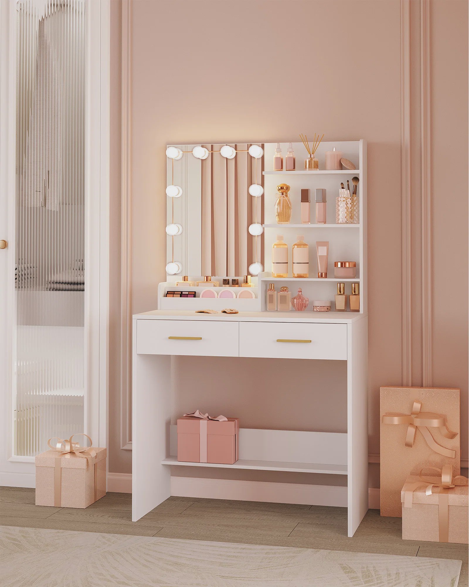 Kaptafel met LED Verlichting, Spiegel en 2 Lades - Ideaal Make-up Station