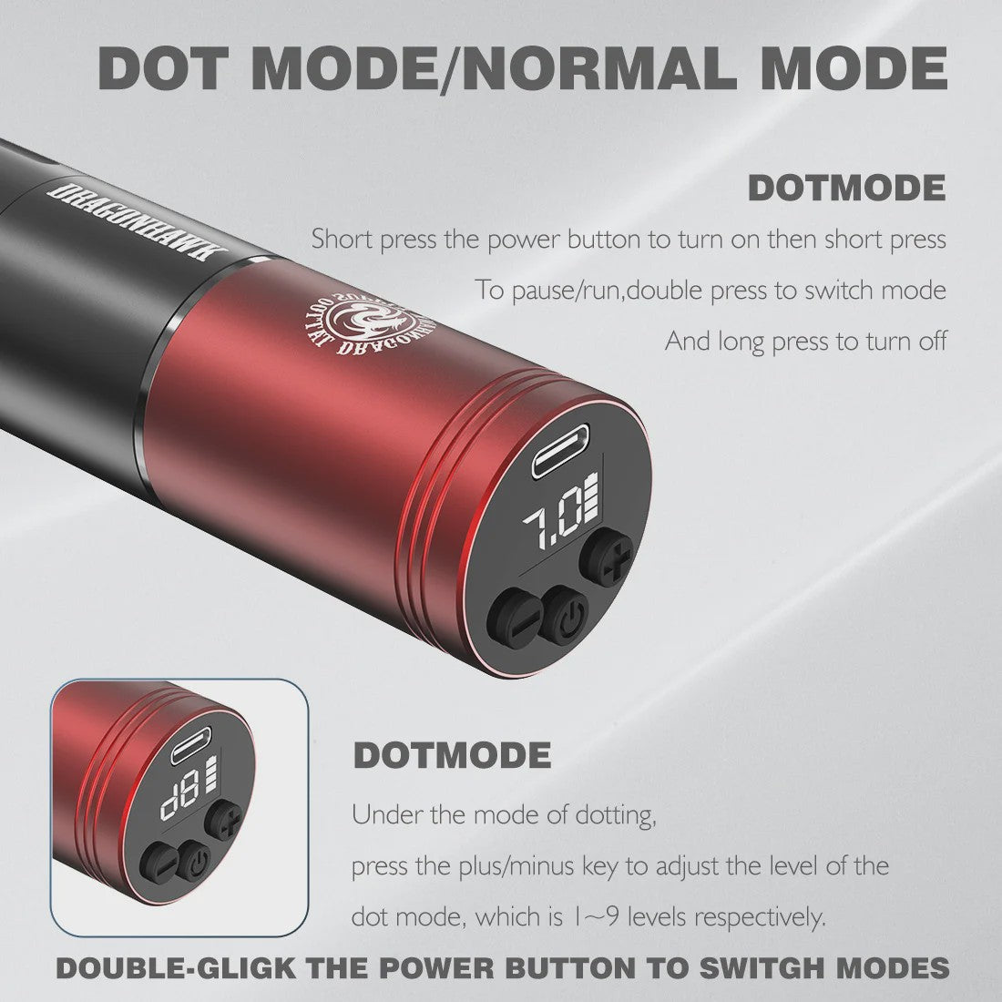 Dragonhawk A1 Draadloze Tattoopen Kit - Dual Modes, 1600mAh Batterij, 3.5mm Slag