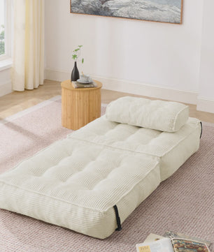 2-in-1 Beige Ribstof Fauteuil en Slaapbank - Multifunctioneel en Opvouwbaar