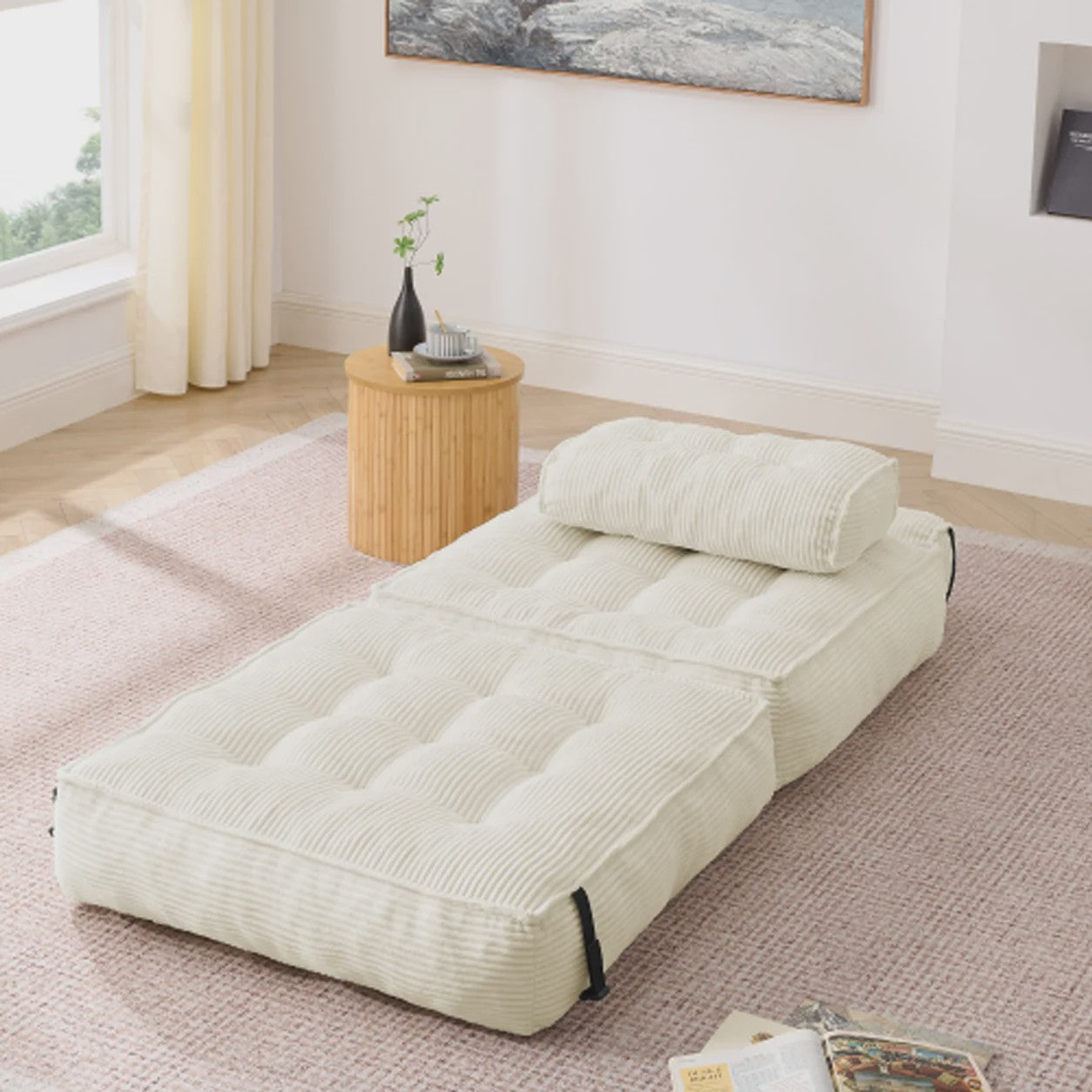 2-in-1 Beige Ribstof Fauteuil en Slaapbank - Multifunctioneel en Opvouwbaar