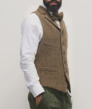 Herentrui Gilet Wol Tweed Visgraat Bruin - Klassiek Gilet voor Bruiloft & Feest